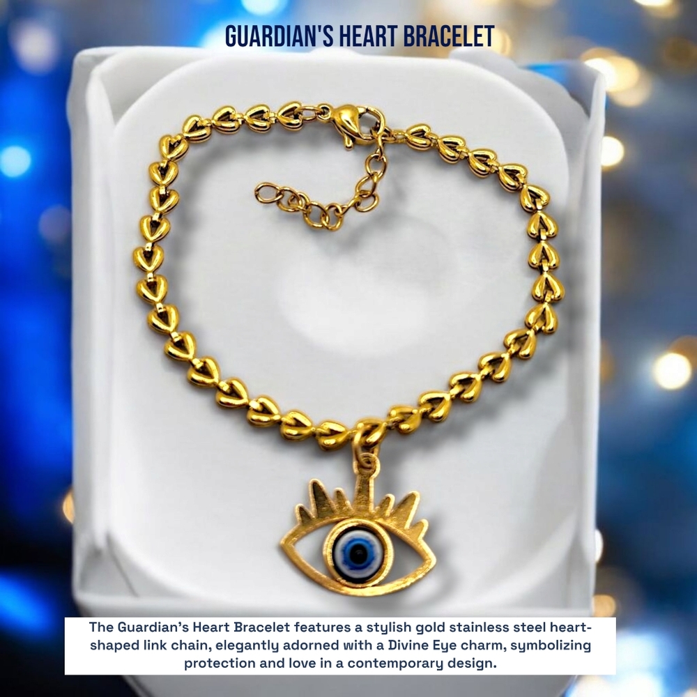 Gold Stainless Steel Heart chain bracelet with Devine Eye charm
